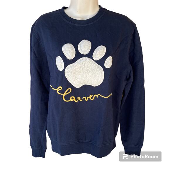 Carven Pullover Lightweight Sweatshirt Paw Print Sherpa Fleece Navy S Unisex - Picture 1 of 9